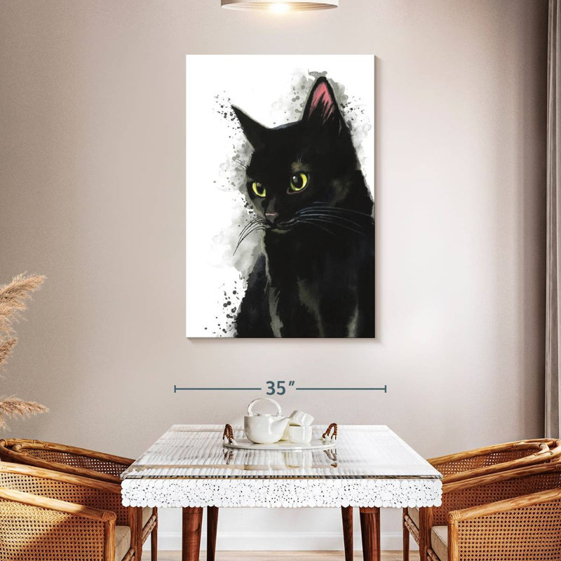 Simple chat noir sur toile, H 48 po x l 32 po x P 1,25 po