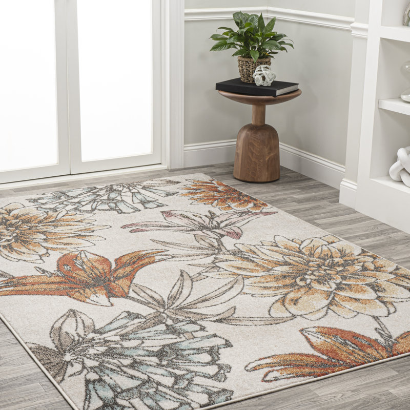 Jasire Modern Botanical Flower Orange/Blue/Cream Rug, Rectangle 2'11" x 5'