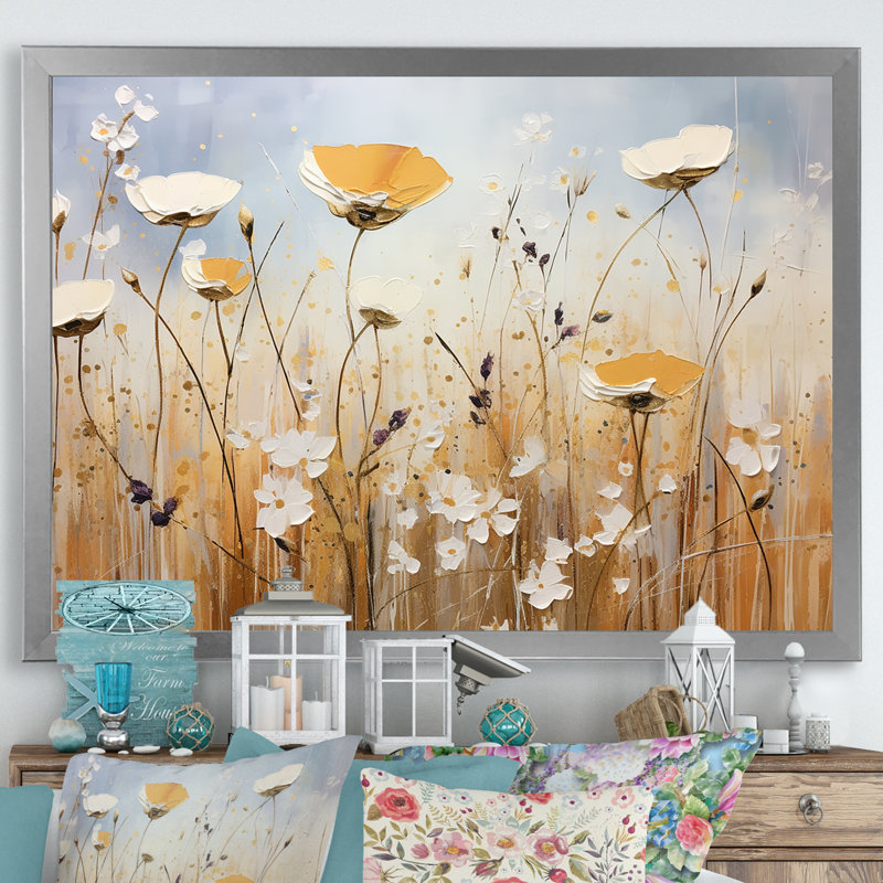 Élégance florale beige IV, Cadre simple argenté, H 16 po x l 32 po x P 1 po