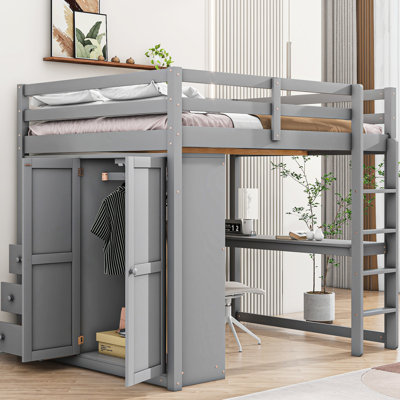 Lit mezzanine double gris avec garde-robe pratique, bureau et compartiments de rangement avec tablettes et tiroirs intégrés en bois