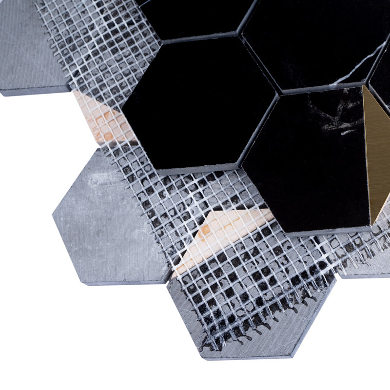 Natural 10.2 in. x 11.78 in. Hexagon Polished Marble Mosaic Tile, Black/Gold