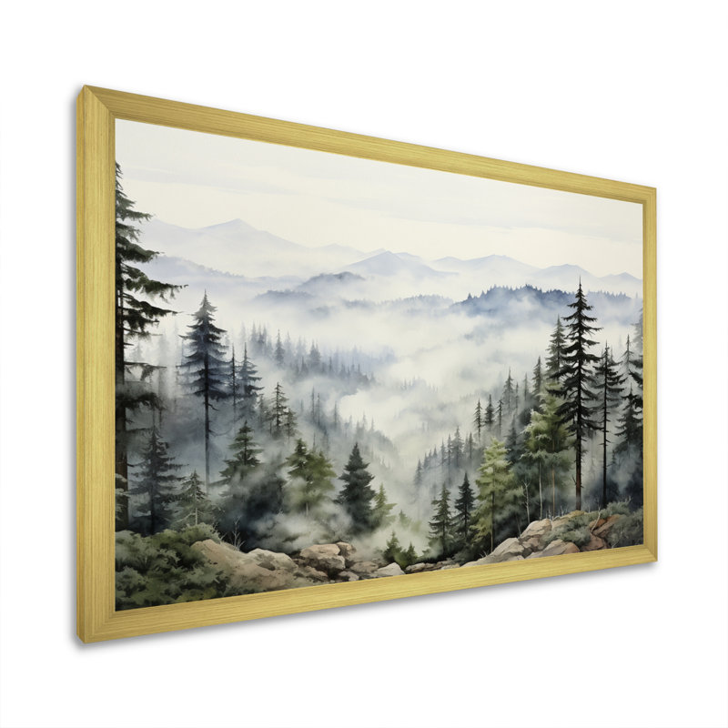 «Pine Tree Misty Mountain I», art sur toile de pin, H 16 po x l 32 po, Cadre photo unique, Doré
