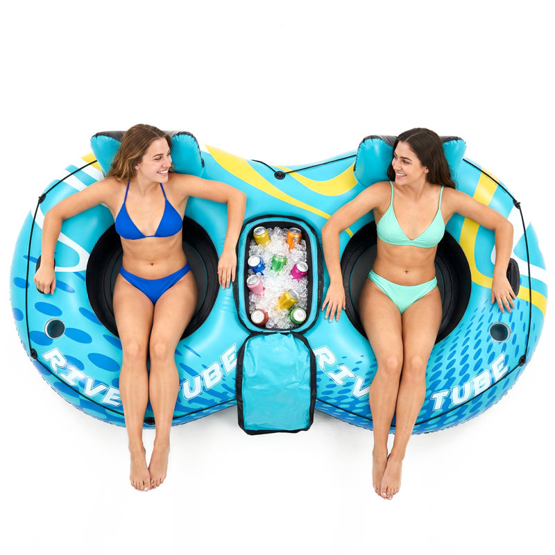 2-Person Inflatable River Tube Float With Built-In Storage Bag For Ice, Double Pool Lounge Chair With Backrest & Cup Holders, Breathable Water Floating Raft For Pool Lake Beach Summer Water Party, 2 Pattern Options.