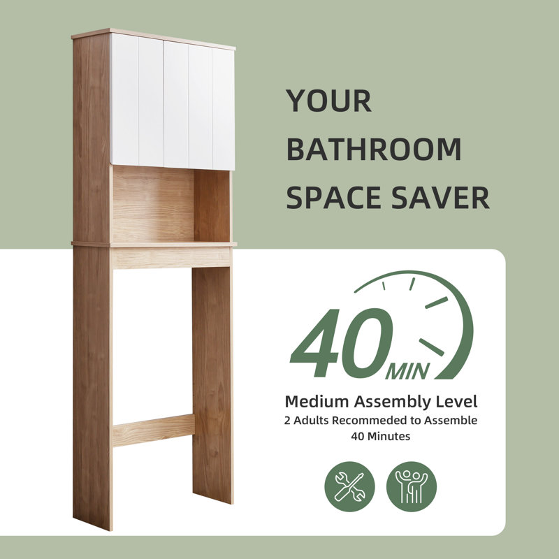 Armoire de rangement moderne au-dessus de la toilette, économiseur d'espace en bois naturel et blanc à deux tons avec portes asymétriques à fermeture en douceur et tablettes réglables