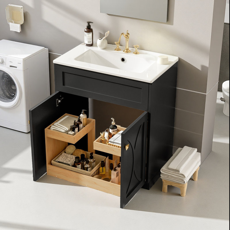 Meuble-lavabo autoportant moderne de 30 po avec lavabo en céramique, support de rangement escamotable et poignée en métal doré exquis