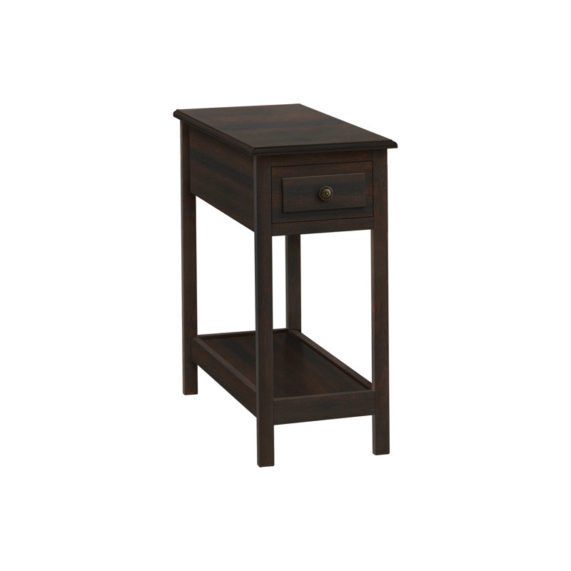 Table d'appoint, 2 niveaux, table de bout, table de bout, étroite, table de chevet, chambre à coucher, tiroir de rangement, lampe, placage brun, transitionnel