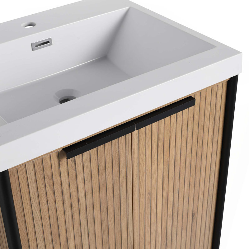 Meuble-lavabo autoportant avec lavabo en résine double et portes d'armoire à fermeture en douceur