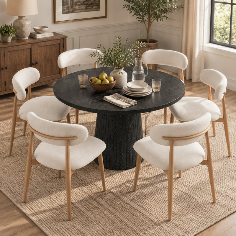 Ensemble de salle à manger moderne 7 pièces, table ronde de 119 cm avec pied central et 4 chaises rembourrées en tissu bouclé à dossier incurvé, pour cuisine ou salle à manger.