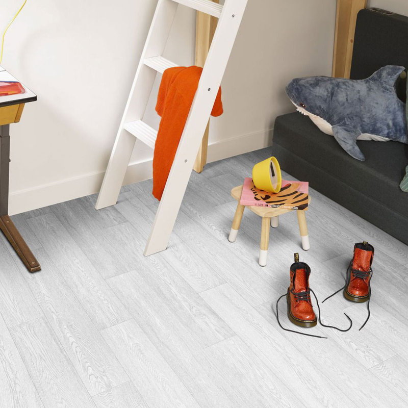 White Modern Wood Effect Vinyl Flooring For Living Room, Dining Room, Hallways, 2.0mm Thick Cushion Backed Vinyl Sheet 200cm X 200cm