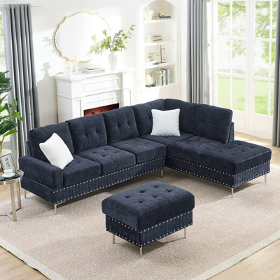 Sectional 3-Seaters Sofa With Reversible Chaise, Storage Ottoman, Metal Legs And Copper Nails,Two White Pillows
