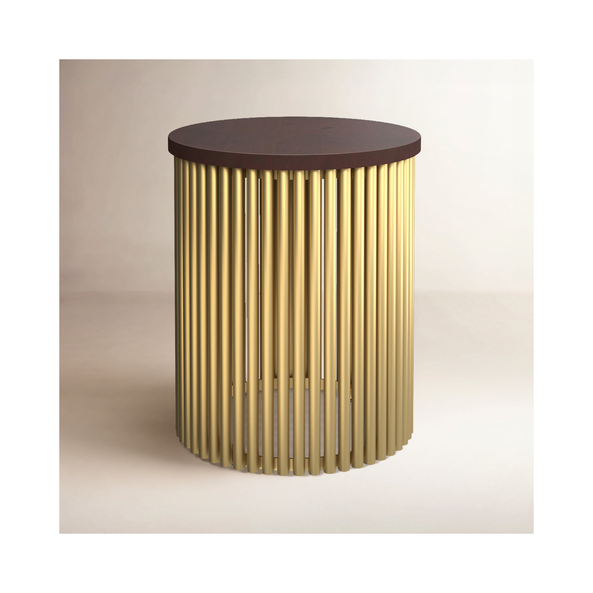 Demy Solid Wood Drum End Table, Cognac Top/Gold Base, 18"