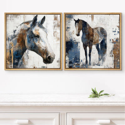 Abstrait, portrait de cheval brun-bleu et ensemble de 2 reproductions d'art sur toile encadrée de style rustique moderne