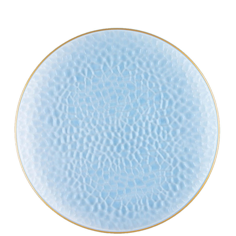 70 assiettes bleues translucides martelées rondes Ecoqualité avec bordure dorée 70 personnes