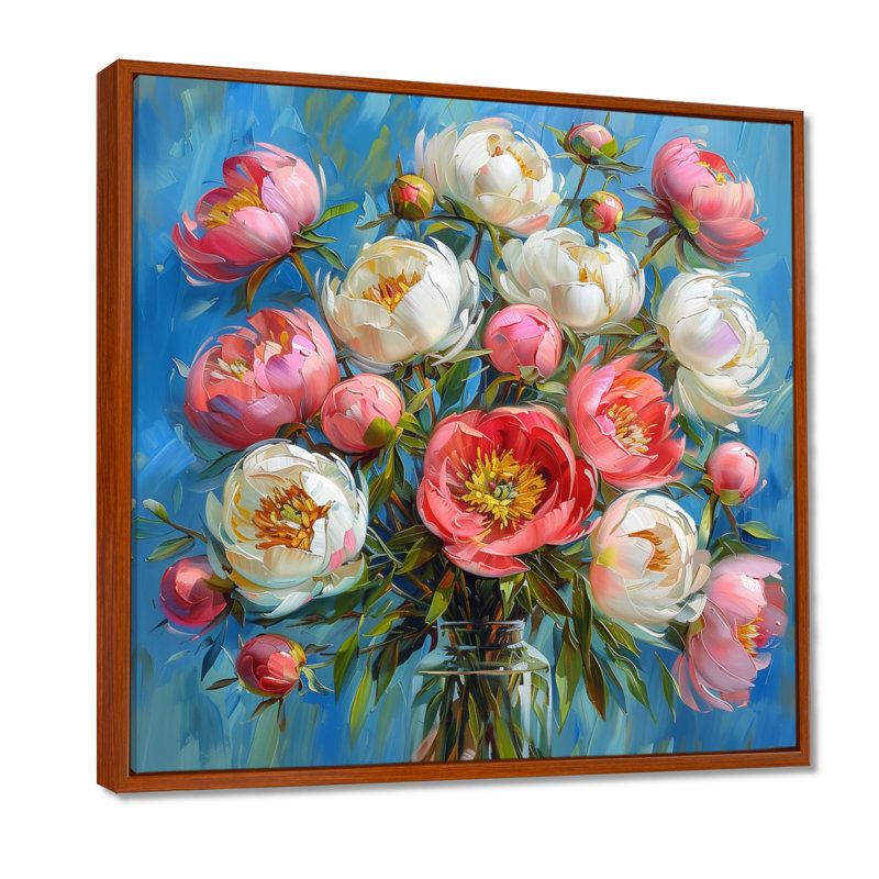 Radiant Bouquet - pivoines, impression d'art mural, H 16 po x l 16 po, Encadrement brun