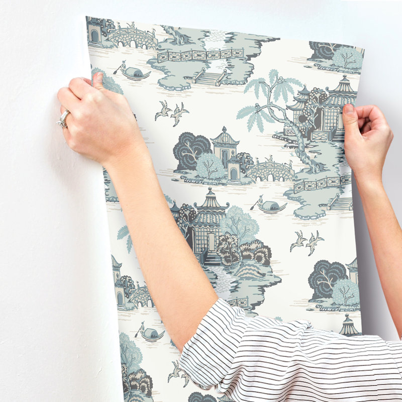 Pagoda And Sampan Scenic Vinyl Wallpaper Roll, Seamist