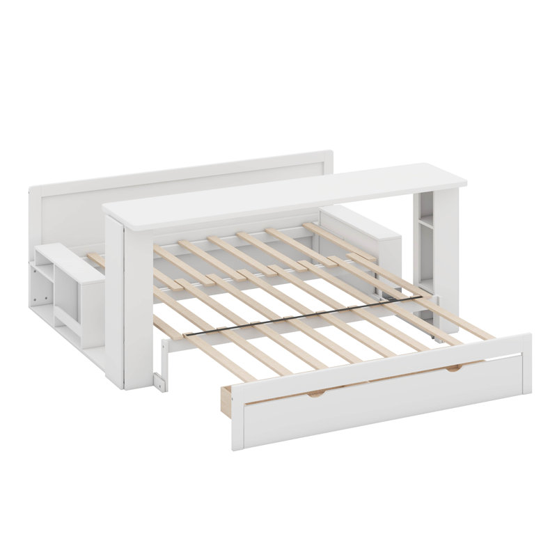Lit de jour extensible avec bureau amovible et table d'appoint hydraulique, canapé multifonctionnel 4-en-1 Be, Grand, Blanc