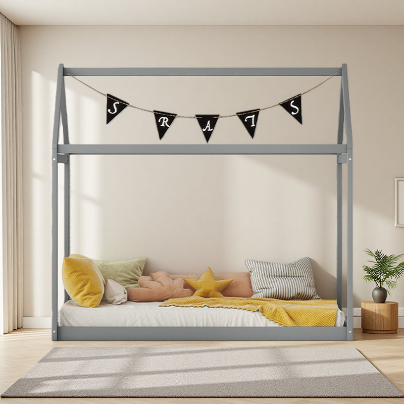 Twin Size Wooden House Bed, Gray