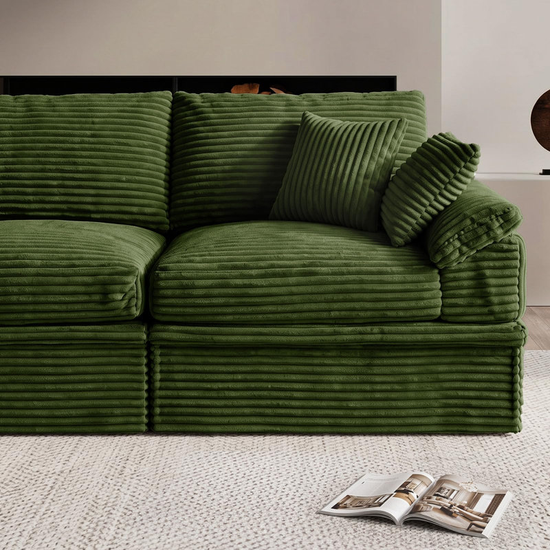 Canapé 3 places vert côtelé avec pouf, 3 sièges + 1 repose-pieds, Velours côtelé vert