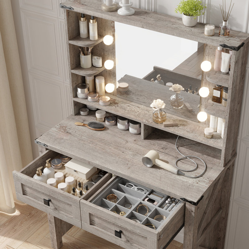 Vanity Desk With Mirror And Lights 31.5" W Farmhouse Makeup Vanity Desk With Charging Station And 2 Drawers & Shelves 3 Color Modes Adjustable, Stool Not Included