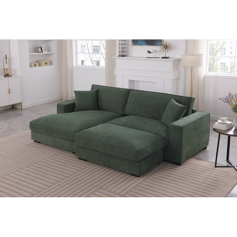 Chira Upholstered Wide Seat Sofa Chaise Sectional with Ottoman, Left Hand Facing, Dark Green Chenille