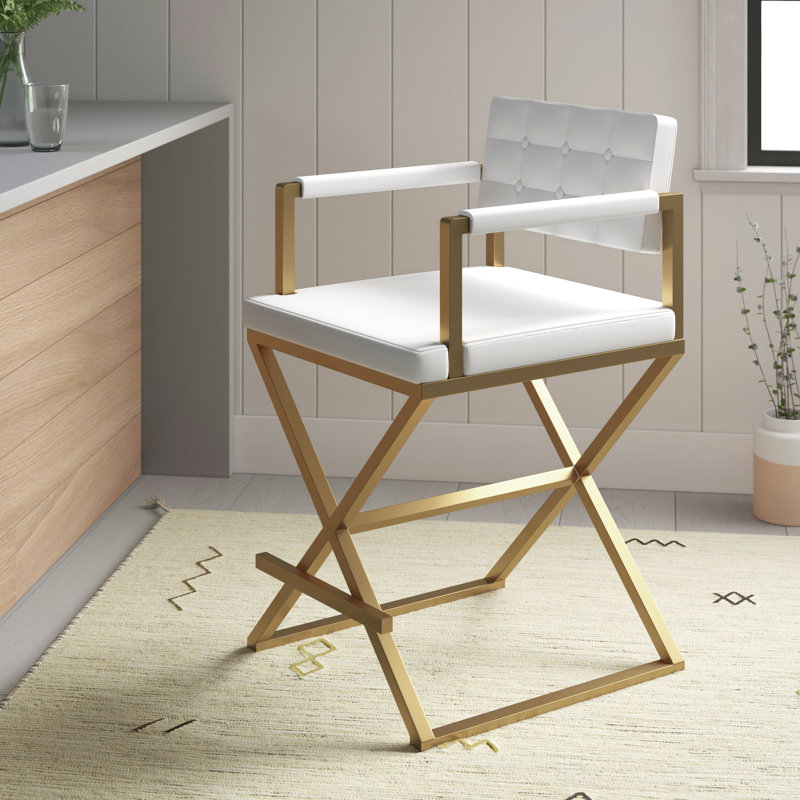 Tabouret de bar et de comptoir Molewski, Tabouret de comptoir (siège d'une hauteur de 26 p, Simili cuir blanc, Doré