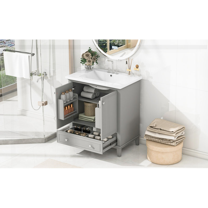 Armoire de salle de bain multifonctionnelle avec portes et tiroir, Gris