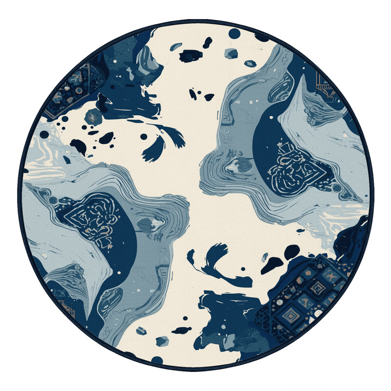 Tapis bleu clair et bleu marine délavé à la machine Paizlea, Rond 8 pi