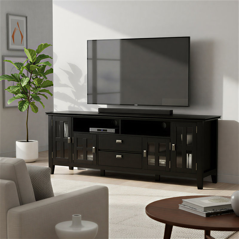 Artisan 72"W Solid Wood Transitional TV Stand for TVs up to 80" with 4 Cabinets, 2 Drawers, and Adjustable Shelves, Black