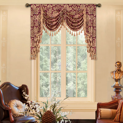 Classic Swag Valance with Tassels, Red Jacquard Waterfall Valance, 59" Window Treatment 1 Panel
