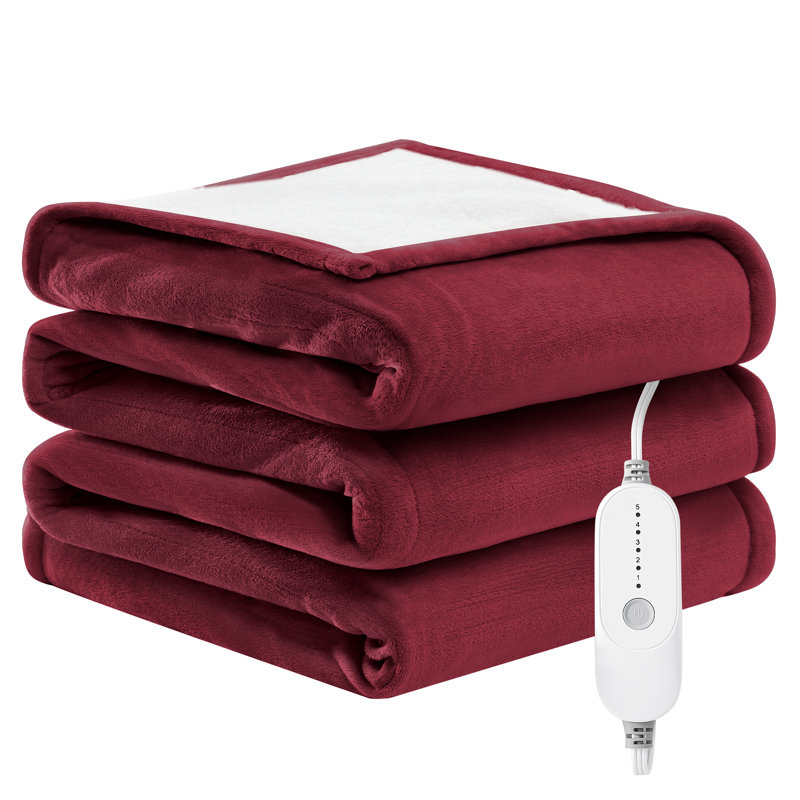Couverture chauffante en flanelle et en peau d'agneau, Lit double, Rouge