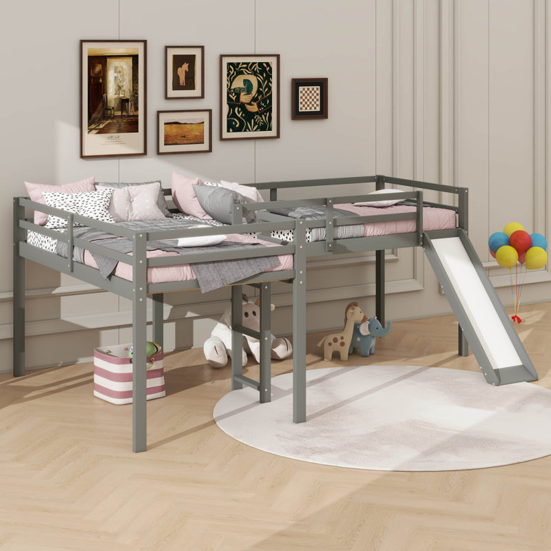 L-Shaped Loft Bed With Included Ladder & Slide, Grey