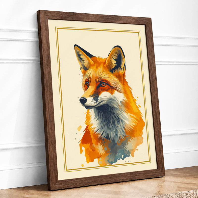 Fox in Watercolour Japandi - Framed Print, A2 - 59.4 x 42.0 cm, Walnut