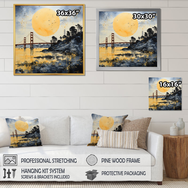 Yellow Bridge Golden Gate Monochrome III - Architecture Wall Art Prints, Cadre doré à une seule photo