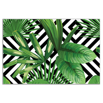 Exotic Jungle Leaves Black And White Geometric Botanical - Wrapped Canvas Print