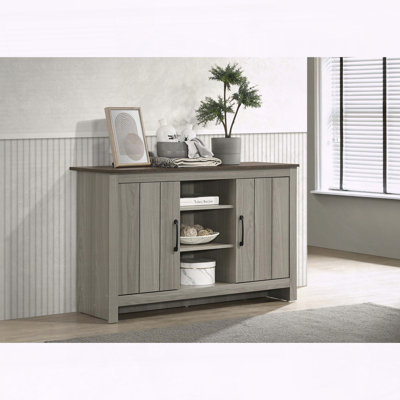 Armoire à finition chêne gris avec tablettes et portes d'armoire - 2 portes, 3 tablettes centrales, gestion des câbles