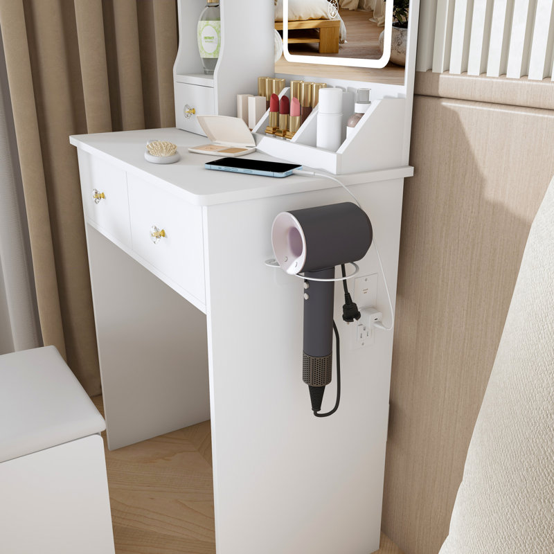 Ensemble de coiffeuse à maquillage compact avec lumières à DEL, tiroirs et fauteuil à coiffer, Blanc