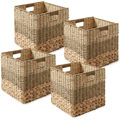 10.5" Mixed Weave Hyacinth Seagrass Storage Basket Cubes, Natural - Set of 4