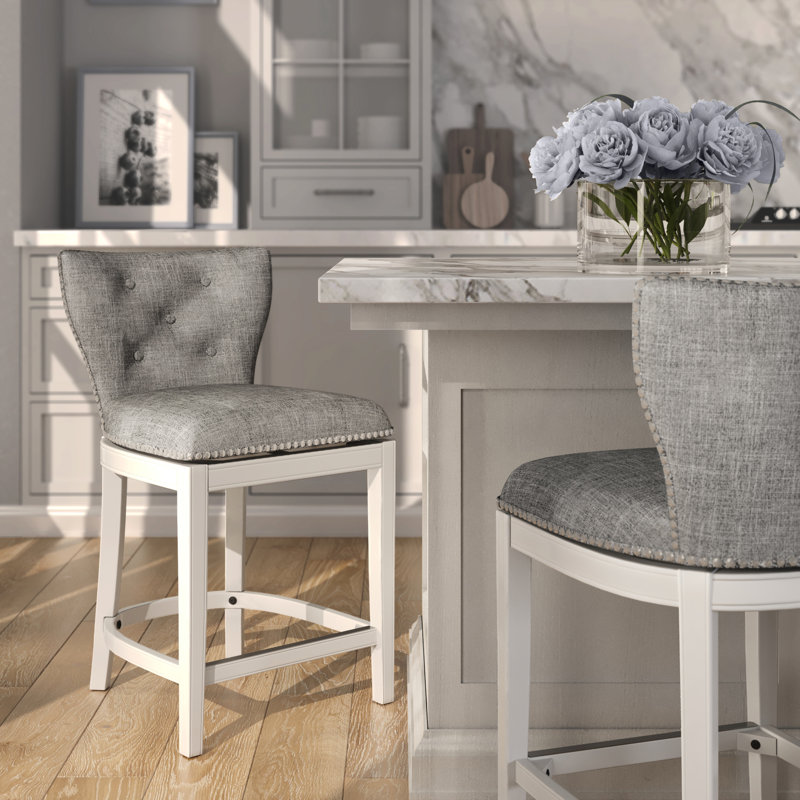 Tabouret de bar pivotant de 26 po à hauteur de comptoir avec dossier, rembourré blanc et gris, boutons de dossier, pivotant à 180 degrés, plaque de repose-pieds en métal, glissières en plastique, opération d'assemblage sans effort - Endeavour