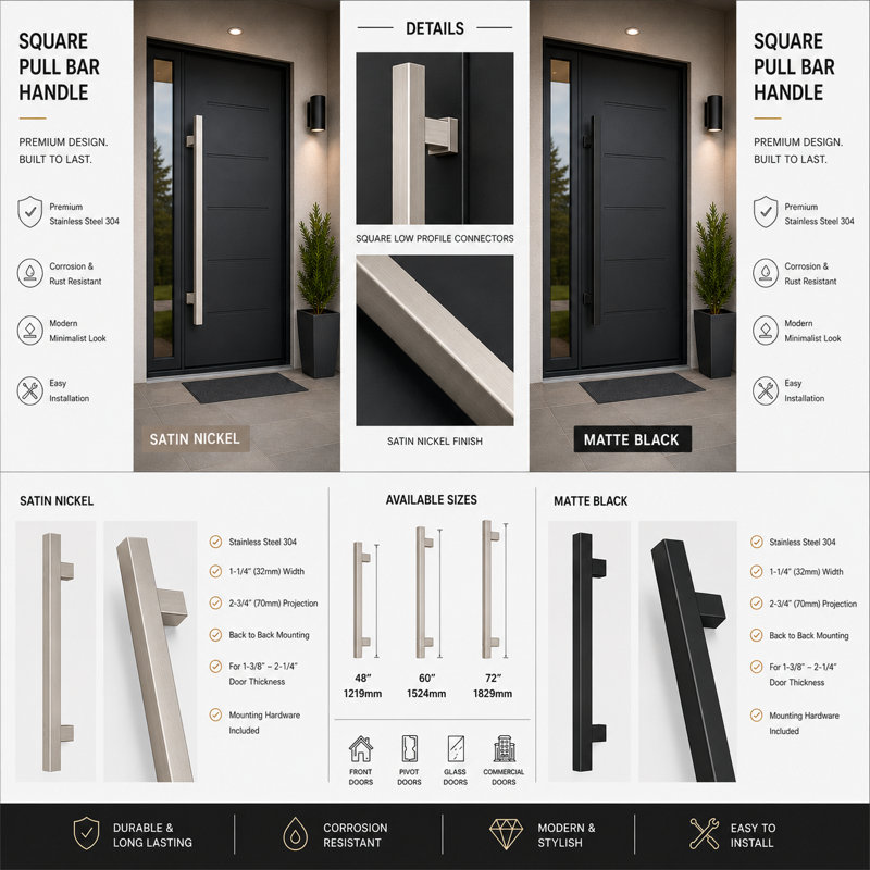 Poignée barre carrée en acier inoxydable, 48 in, Matte Black
