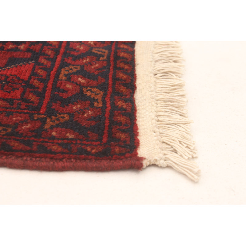 Tapis unique en laine noué à la main 6 pi 9 po x 9 pi 7 po nouvel âge Khal en rouge foncé / noir / brun clair