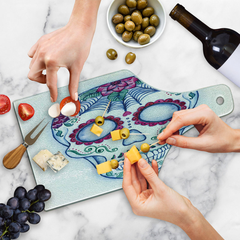 Ambesonne Sugar Skull Tempered Glass Cutting Board Colourful Skeleton Image Multicolor