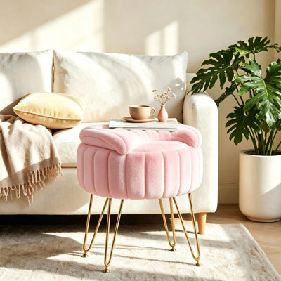 Dossier de tabouret de coiffeuse rose et rangement caché, fauteuil de maquillage pliable en fausse fourrure avec siège en mousse à mémoire de forme et structure en métal doré, grand