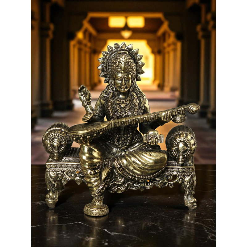 Superfine déesse Saraswati Idol assis sur Singhasan laiton Statue laiton doré Home Temple Decor cadeau