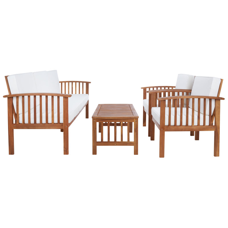Ensemble de conversation en bois d'acacia massif avec coussins 5 pièces Alderico, White, Natural