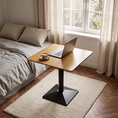 Compact Square Dining Table for Two - Modern Bamboo Top with Black Metal Pedestal Base