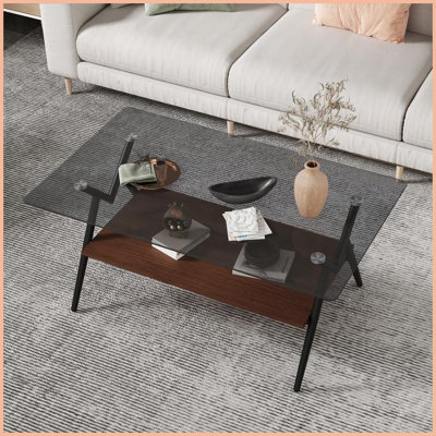 Gray Tempered Glass Rectangle Coffee Table with Brown MDF Shelf for Living Room – Easy Clean &amp; Stable