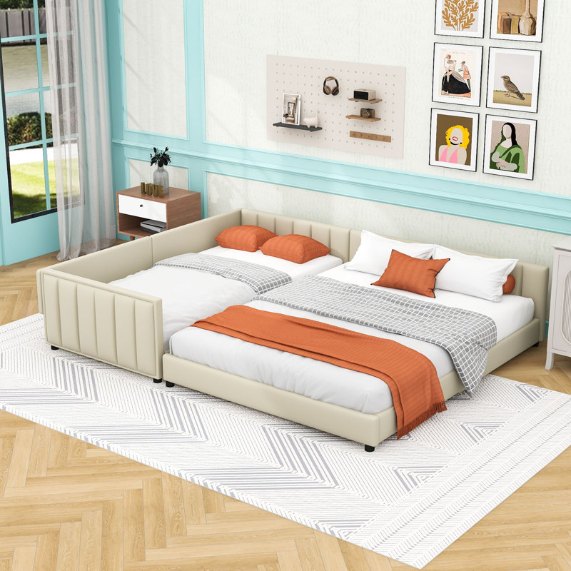 Upholstered Platform Bed with Slats, Beige