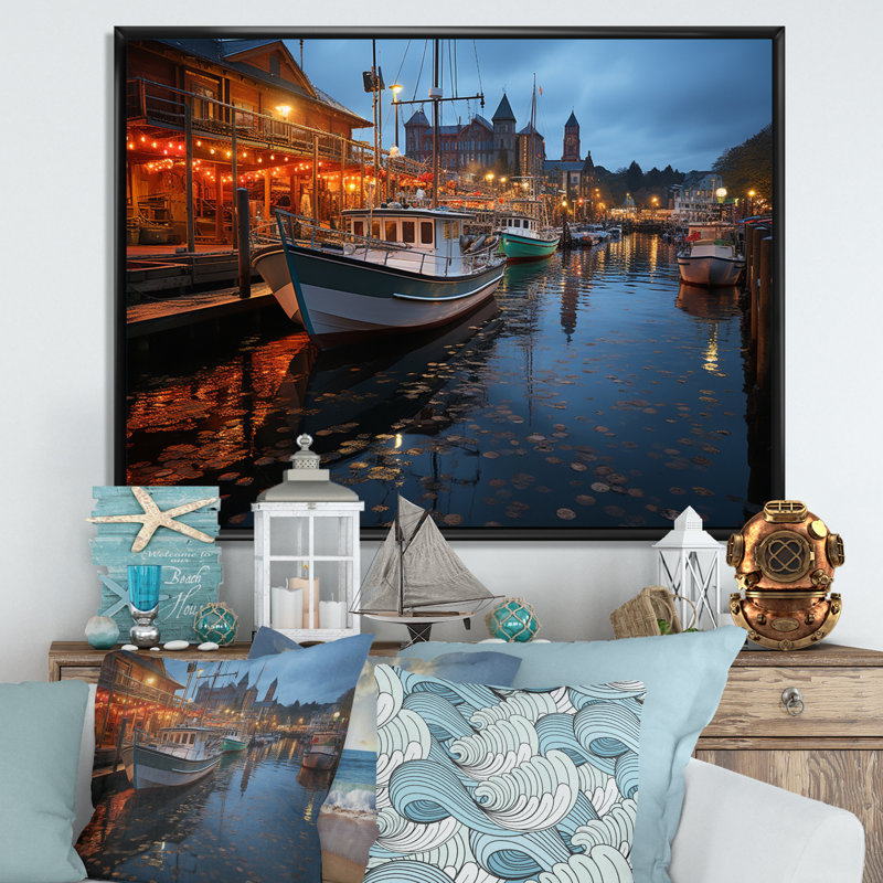 Port Harbour Lights - Nautical & Beach Canvas Prints, H 34 po x l 44 po x P 1,5 po, Cadre flottant noir