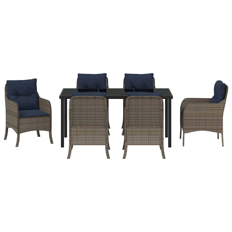  Ensemble de salle à manger de jardin avec coussin 7 pièces en rotin de polyester gris, Blue, 28.74" H x 62.99" W x 31.5" D