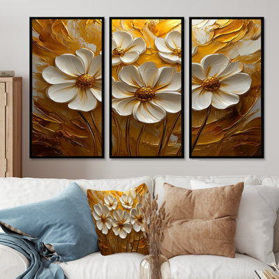 White And Golden Blossom Trails Wildflowers I - Wildflowers Set Of 3 Wall Art